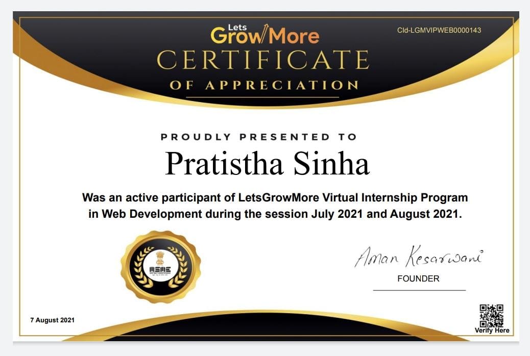 Certificate of completion of 1 month internship at Lets Grow More