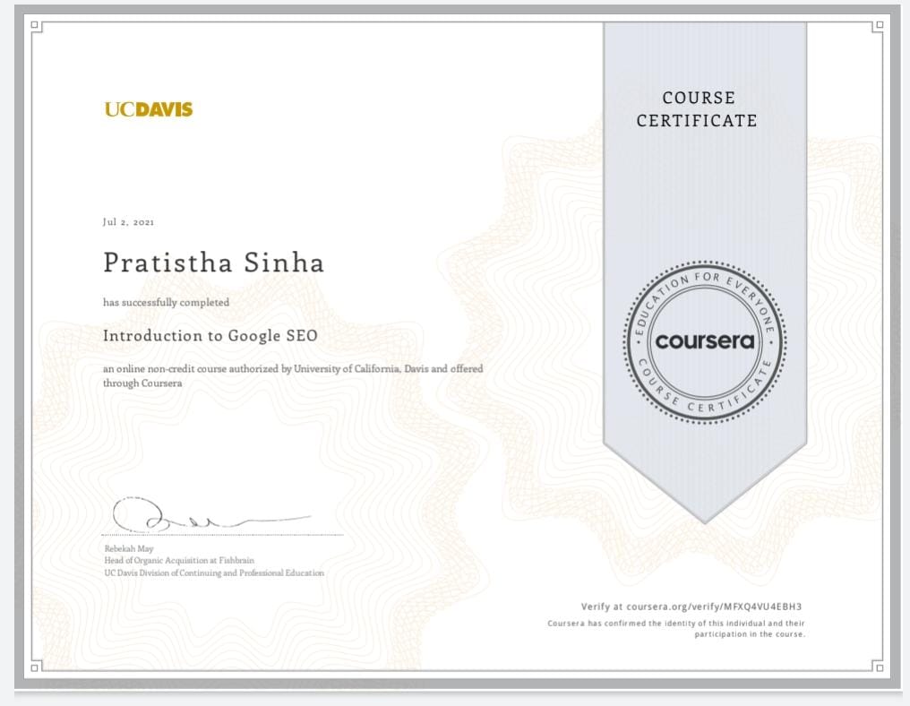Certificate of completion of Search Engine Optimization in Google