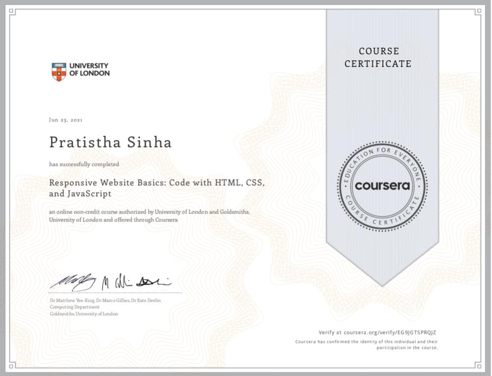 Certificate of completion for Web Development