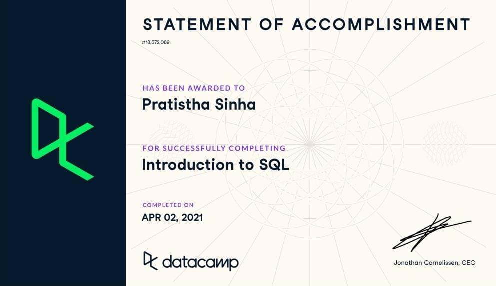 Certificate of completion of SQL course in DataCamp